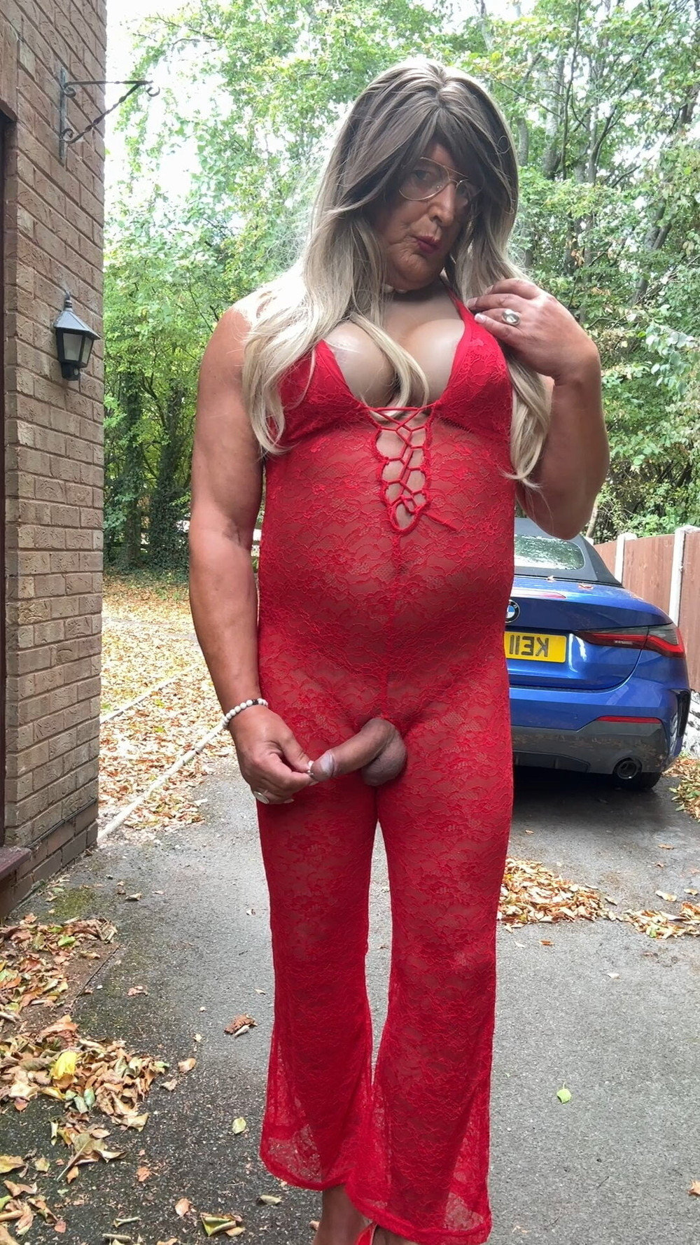 Sexy Crossdresser kellycd2022 in red lace jumpsuit and heels #30