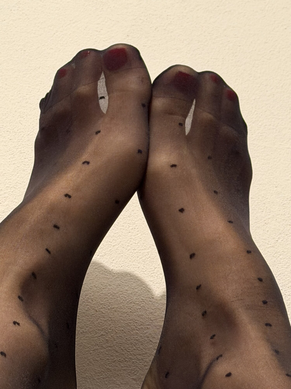 Black Polka dot nylon socks with bright red nails #3