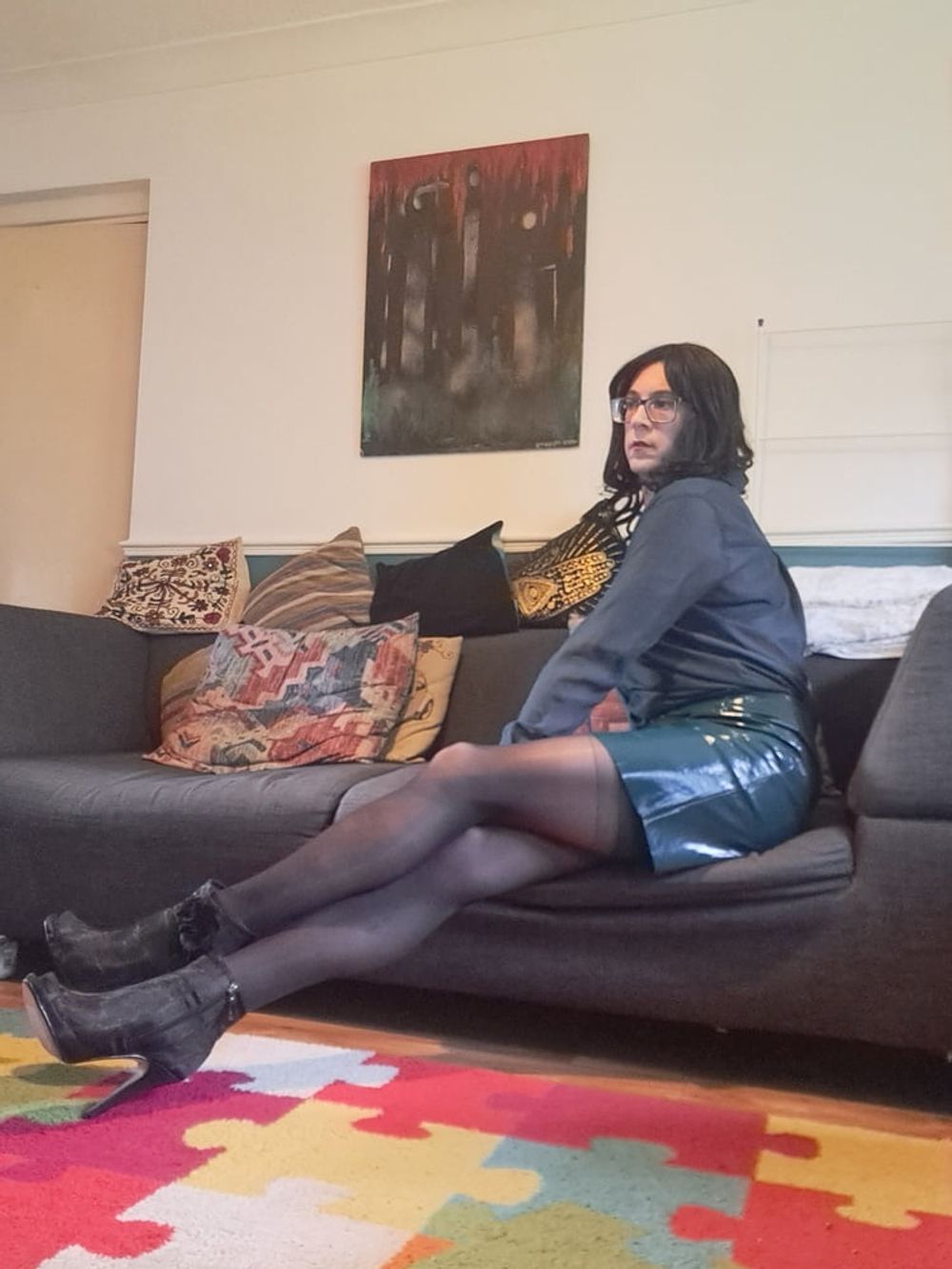 Danni in a latex skirt, sexy lingerie and seamless pantyhose #15