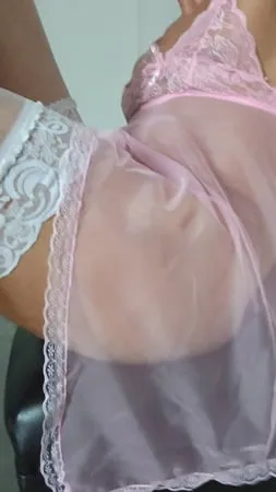 transparent pink nightie white stoking high heels         