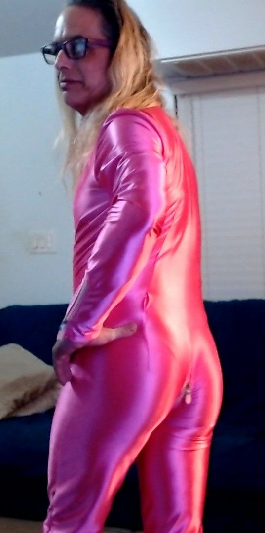 Sissy Slut Ashley Jolene Modeling A Hot Pink Catsuit #5