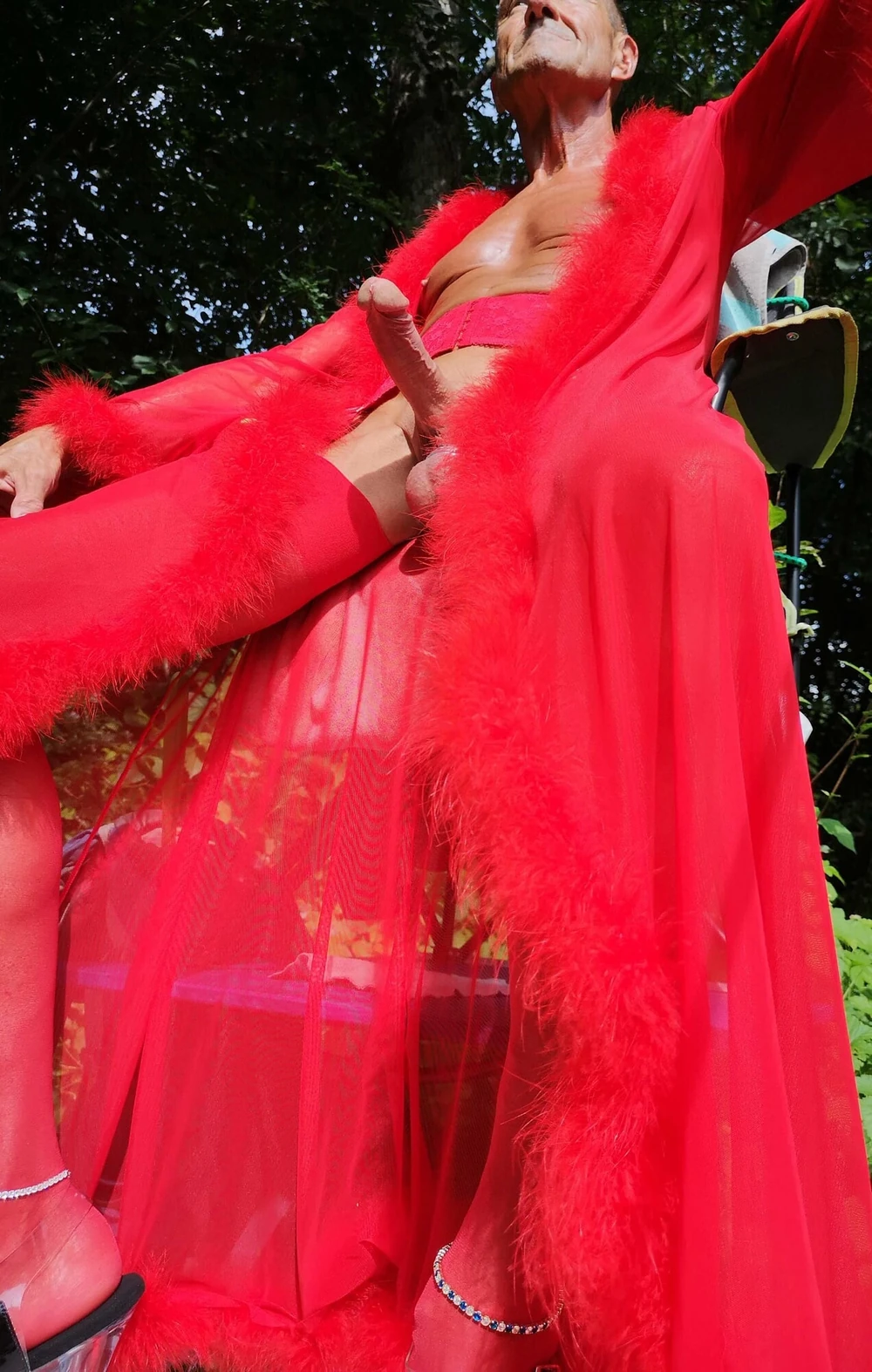 Crossdresser in red Lingerie at public Nudist Lake #24