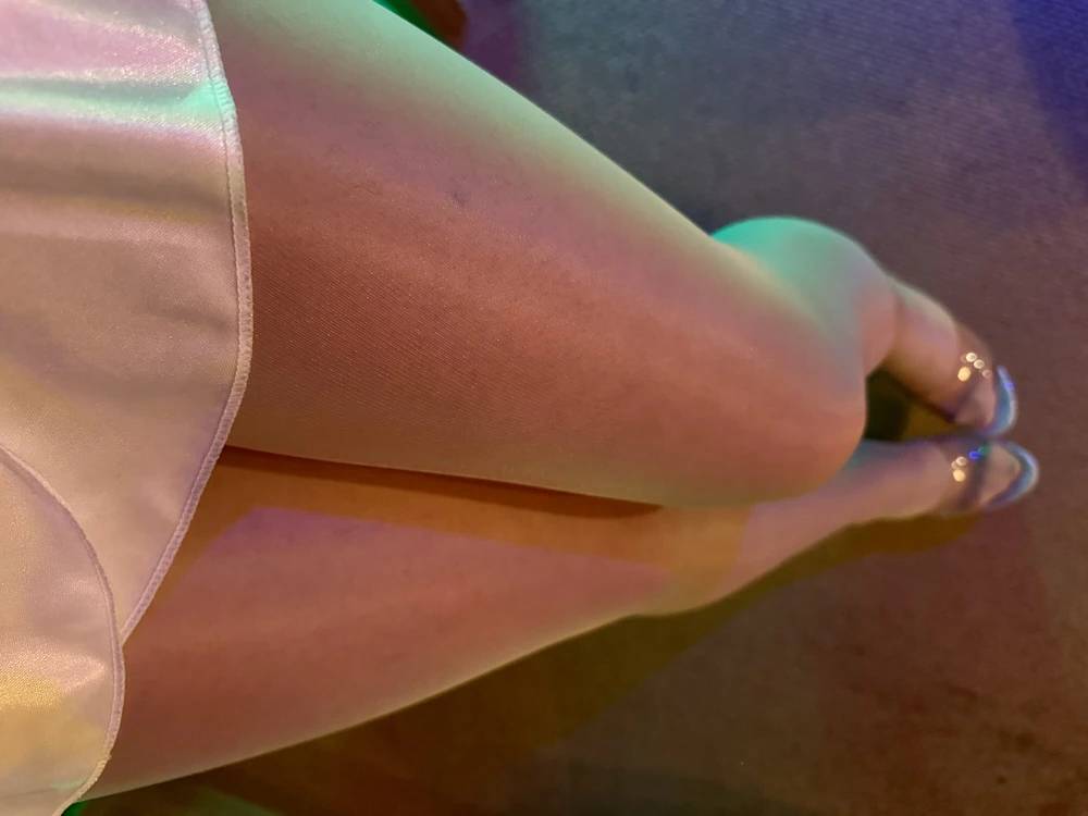 My Legs In Shiny White Pantyhose Layers And High Heels #5