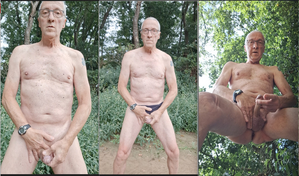 GRANDPA EXHIBITIONIST PUBLIC OUTDOOR WOODS CRUISING CUMSHOT  #17