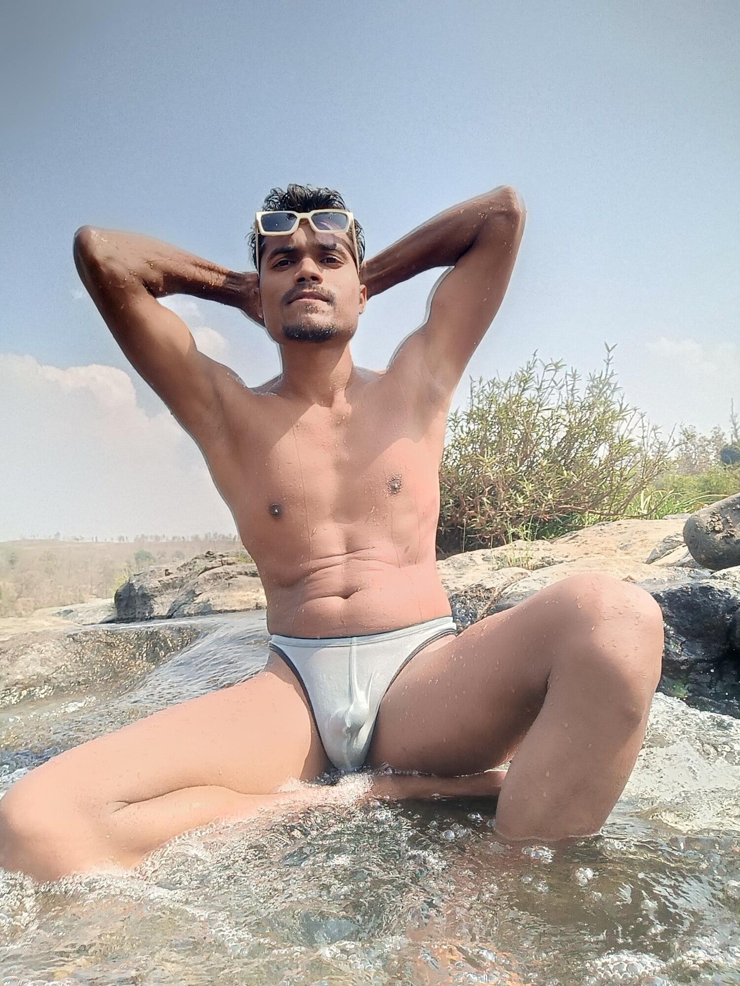 Hot muscular gym boy outdoor in river bathing enjoying swimm #46