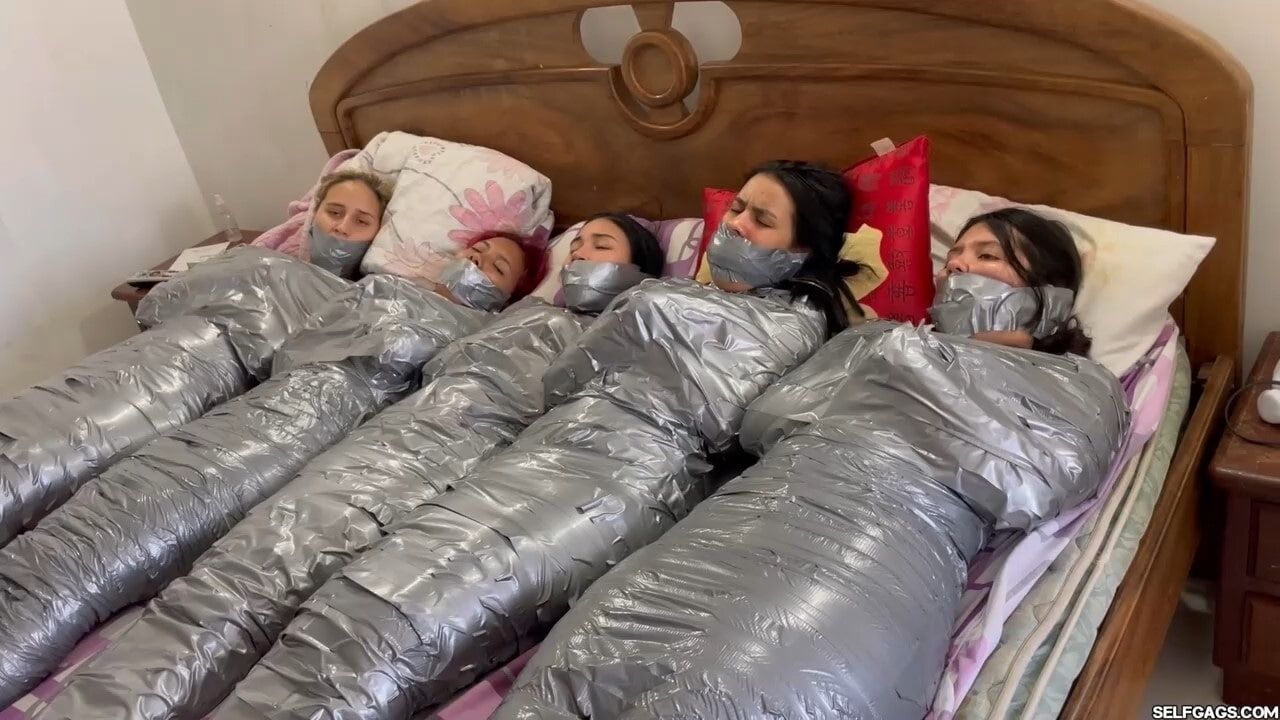 5 Mummified Girls Barefoot In Duct Tape Bondage #25