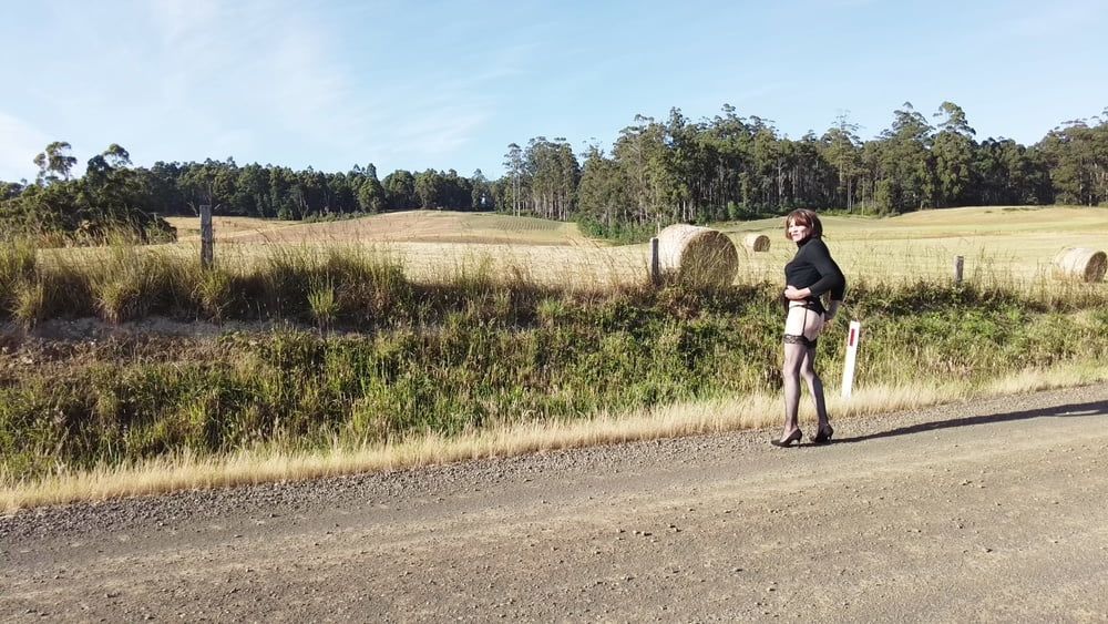 Crossdress Road trip- Rural road -Black Dress #15