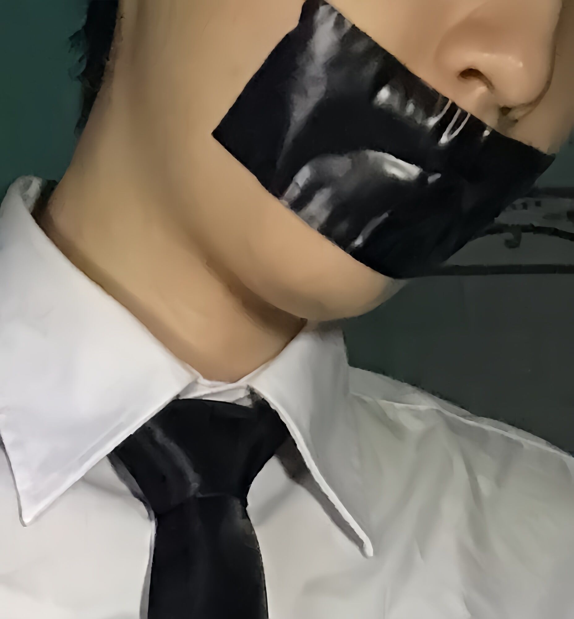 Wearing a white shirt and shiny black tie, gagged with duct  #19