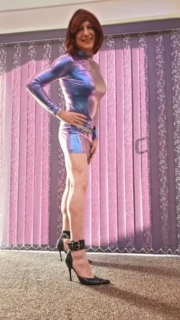 sissy lucy showing off in metalic bodycon dress and chastity         