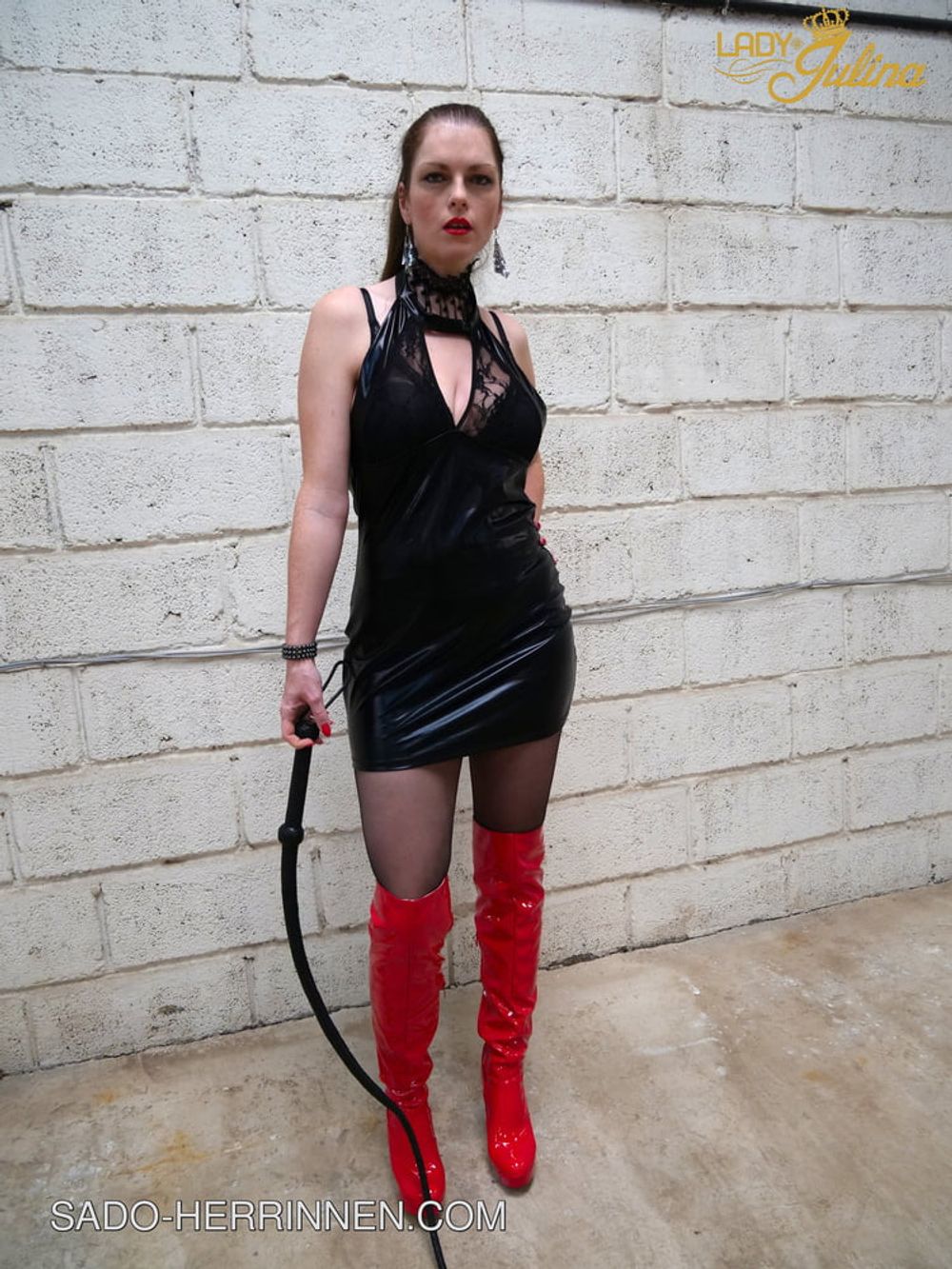 Wetlook dress, dark pantyhose and red overknee boots #6