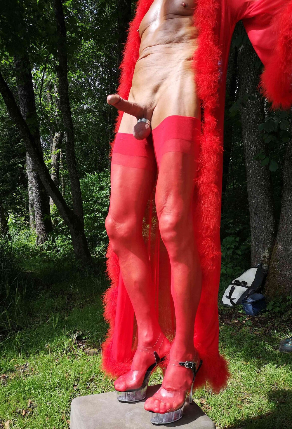 Boner in red Lingerie at public Nudist Lake #31