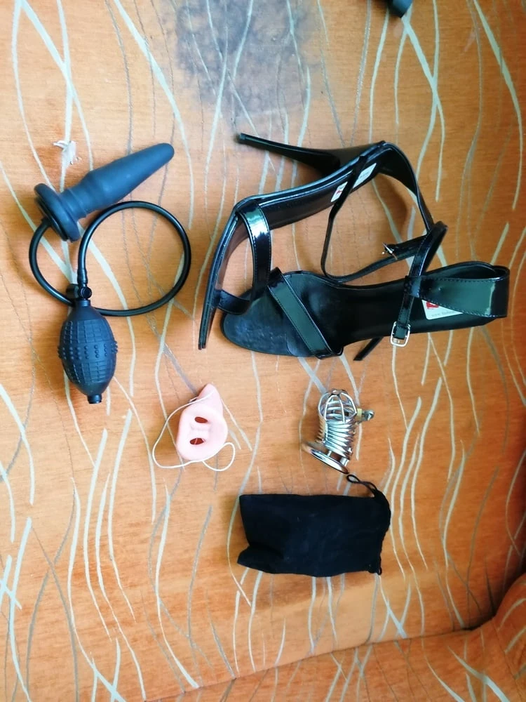 Young slave. Chastity Cage and High Heels #39