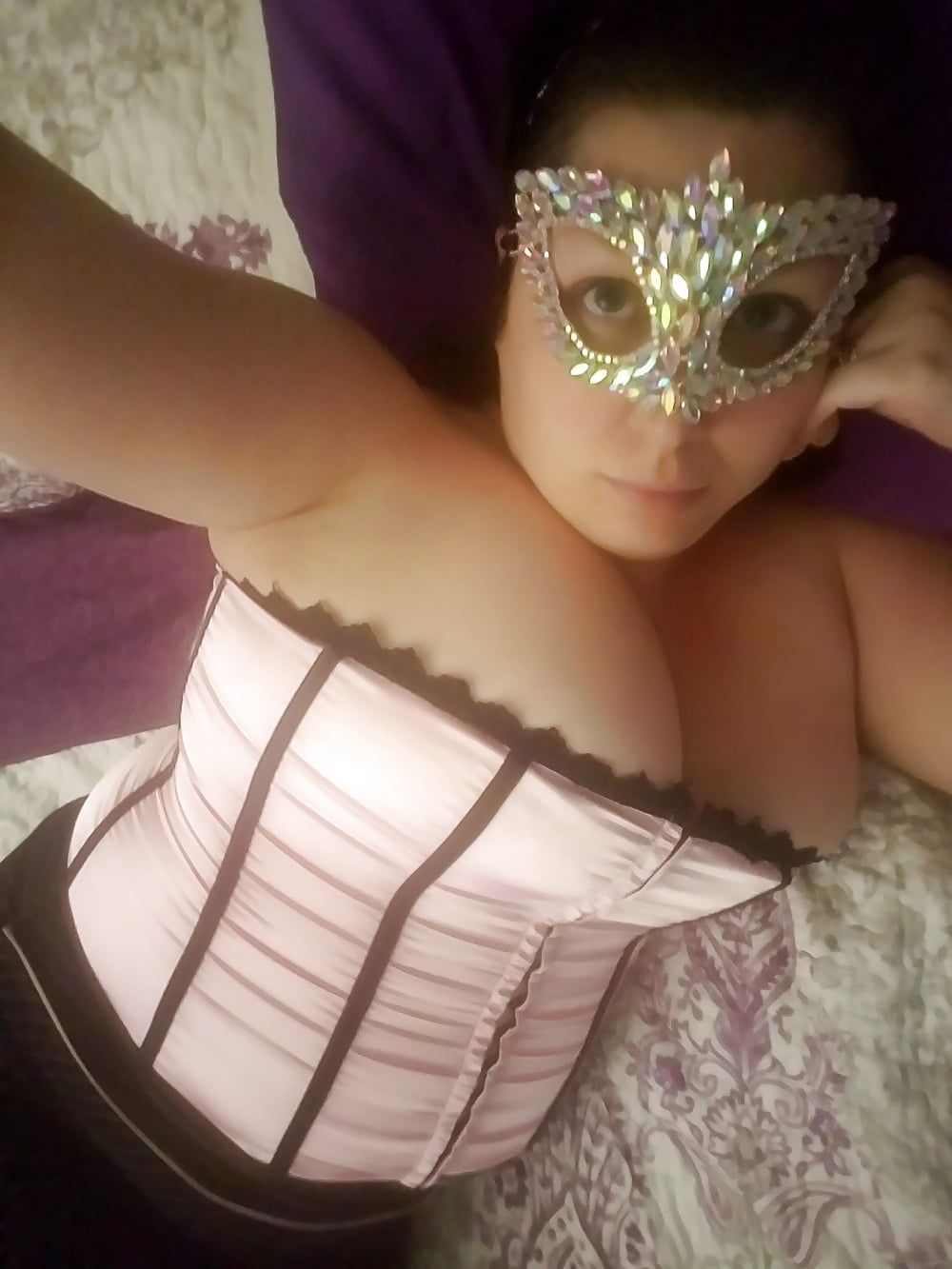 Dainty Pink Corset skirt and heels & favorite crystal mask #35