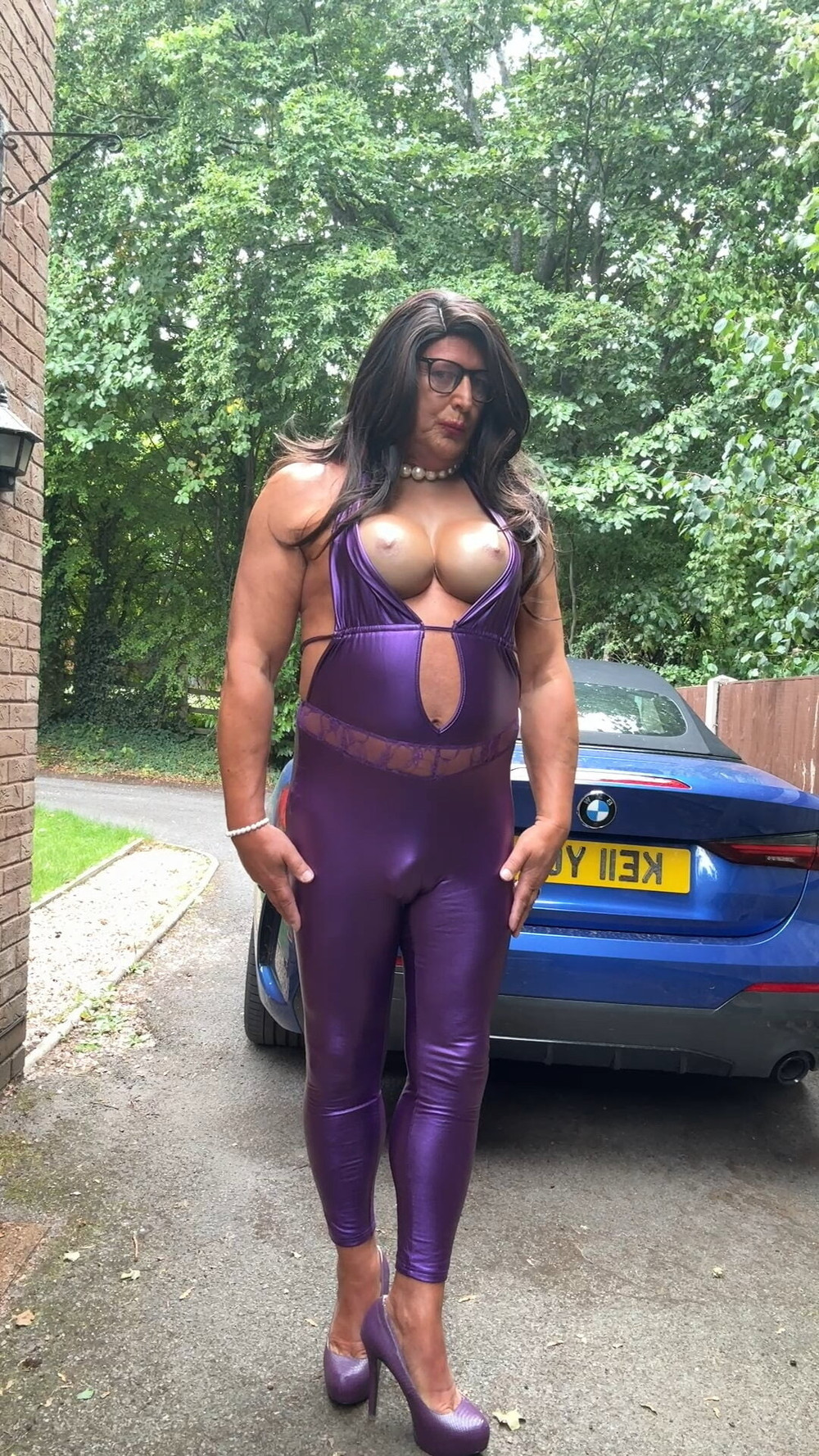 Sexy Crossdresser kellycd2022 in purple pvc catsuit and heel #32