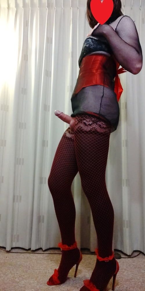 Got horny in fishnets and red corset #11