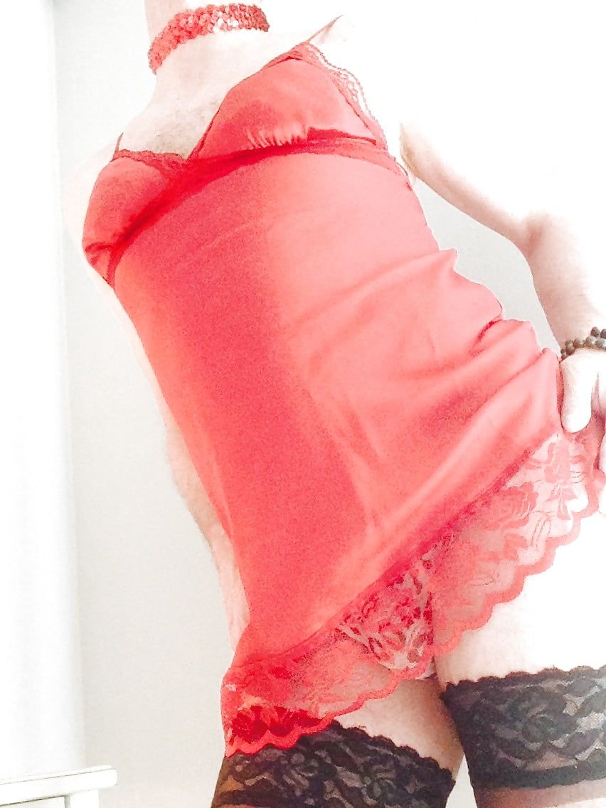 New sexy red satin lingerie and black stockings  #16