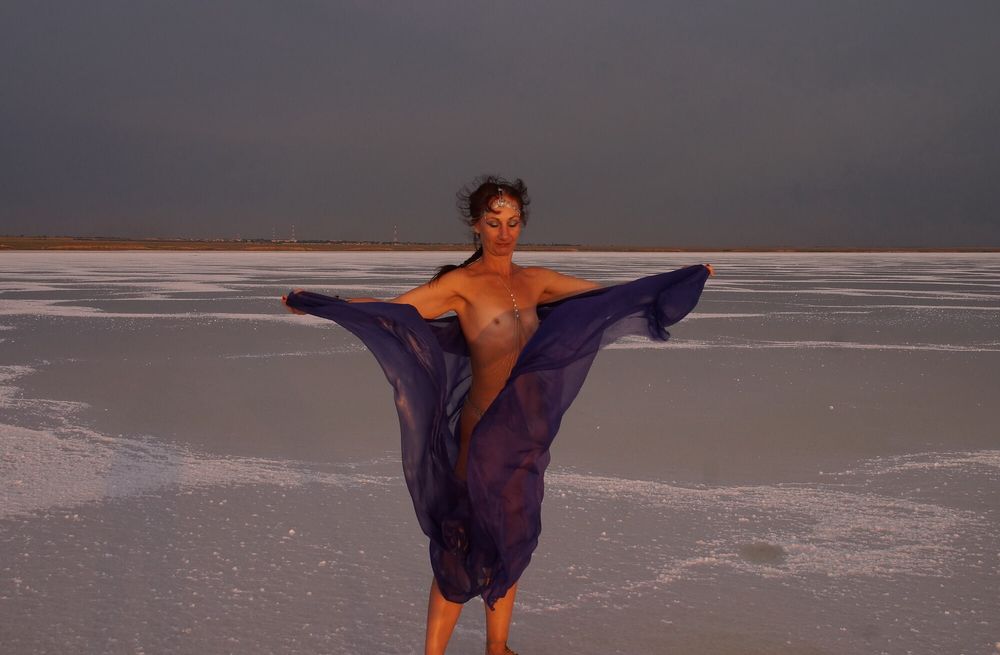 On Sunset-Light with DeepBlue Shawl on Salt- Lake #2