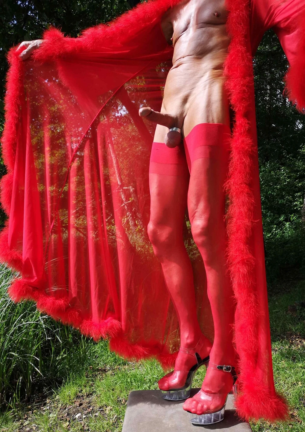 Boner in red Lingerie at public Nudist Lake #6
