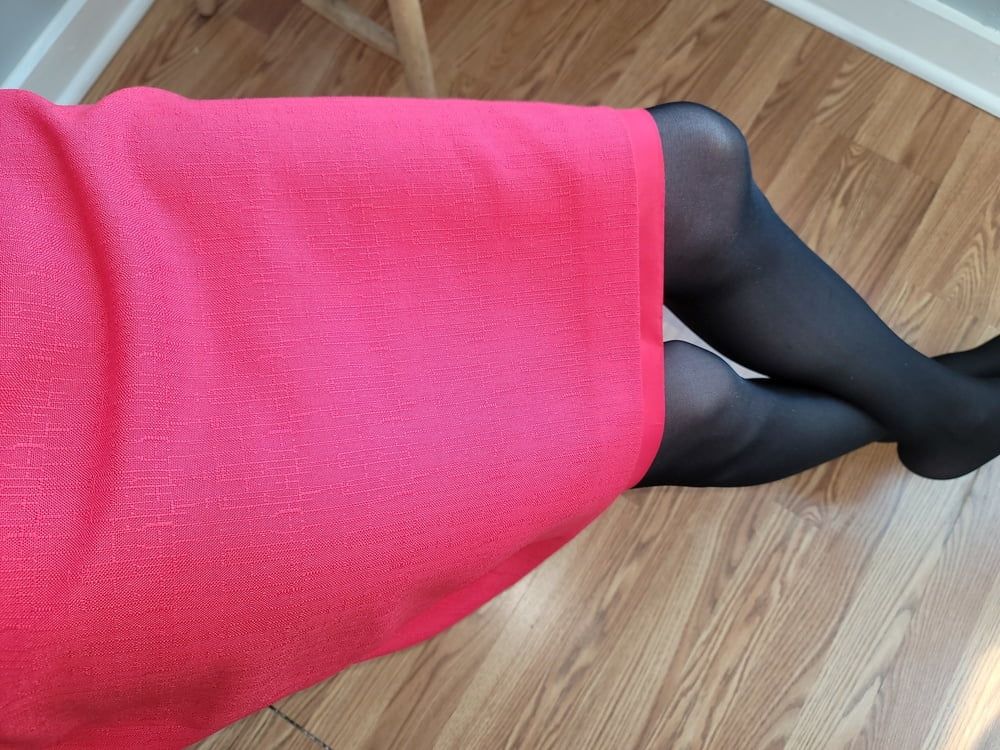 Pink pencil skirt with black pantyhose  #26