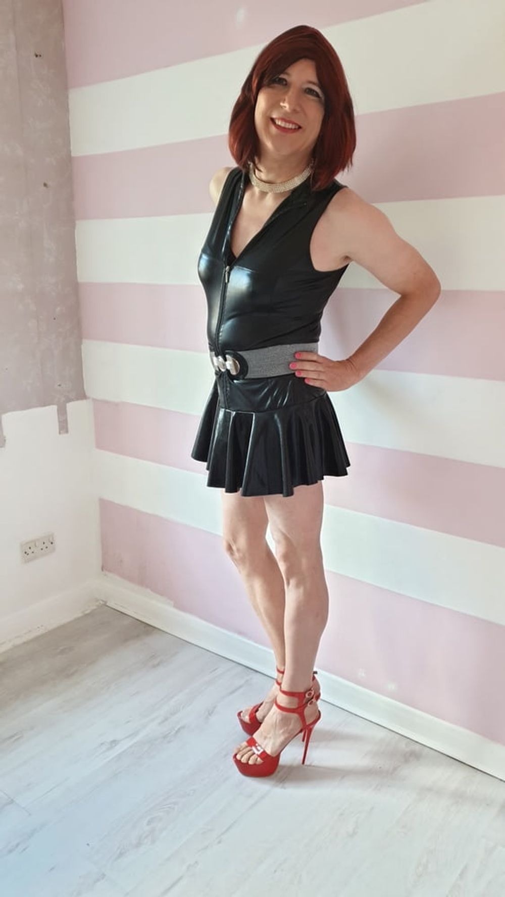 Sissy lucy showing off in wet look skater dress and chastity #5