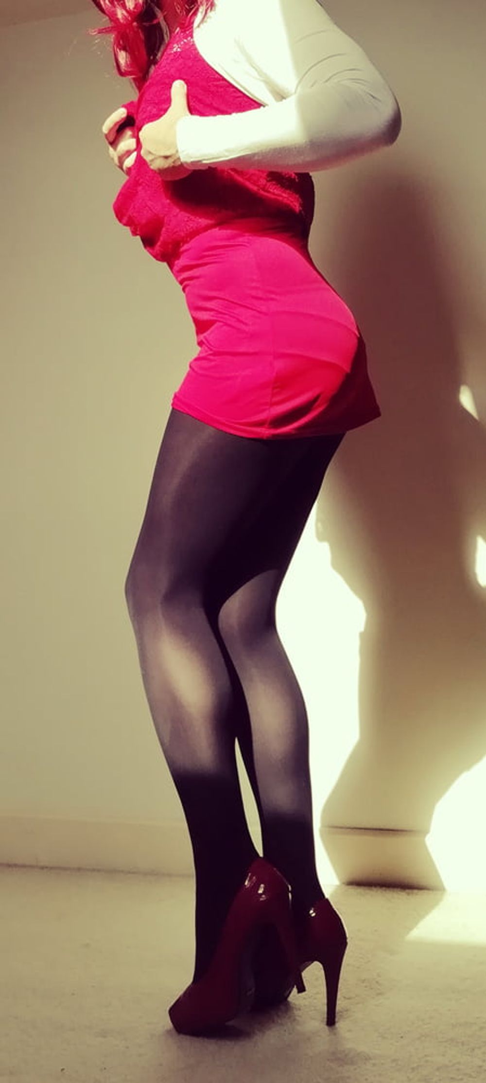 Marie crossdresser in red dress and opaque tights #22