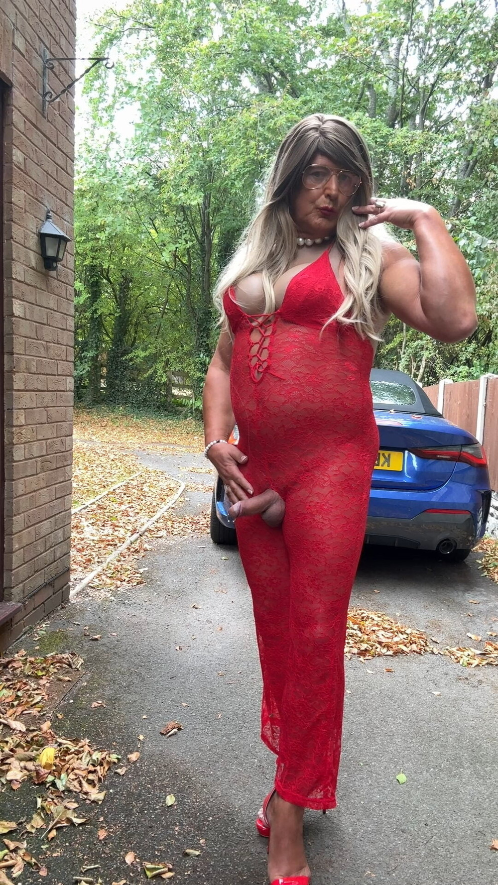 Sexy Crossdresser kellycd2022 in red lace jumpsuit and heels #37