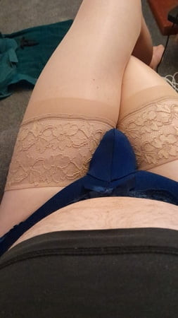Tan stockings and blue panties