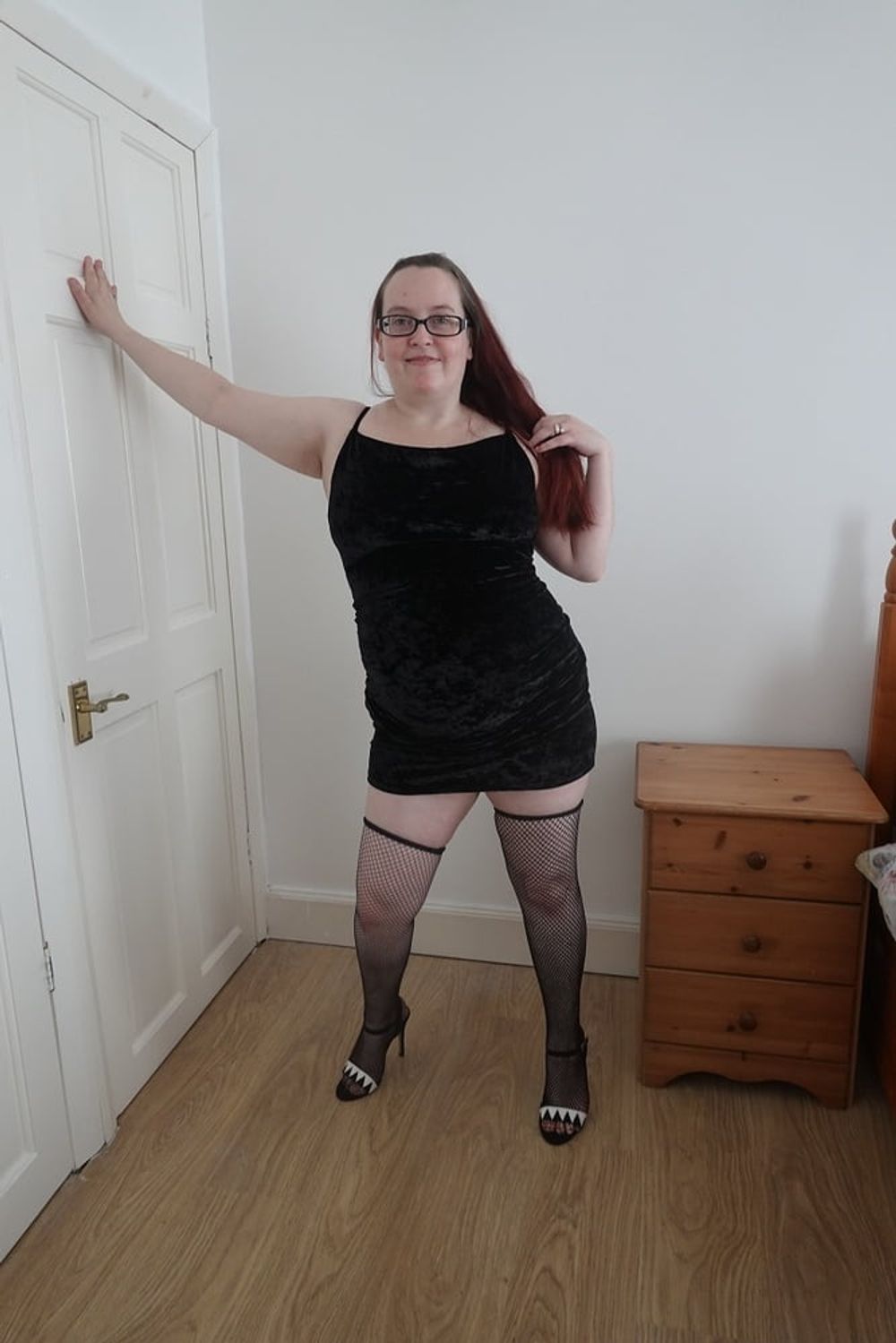 Date Night Black Velvet Dress Fishnet Stockings #6