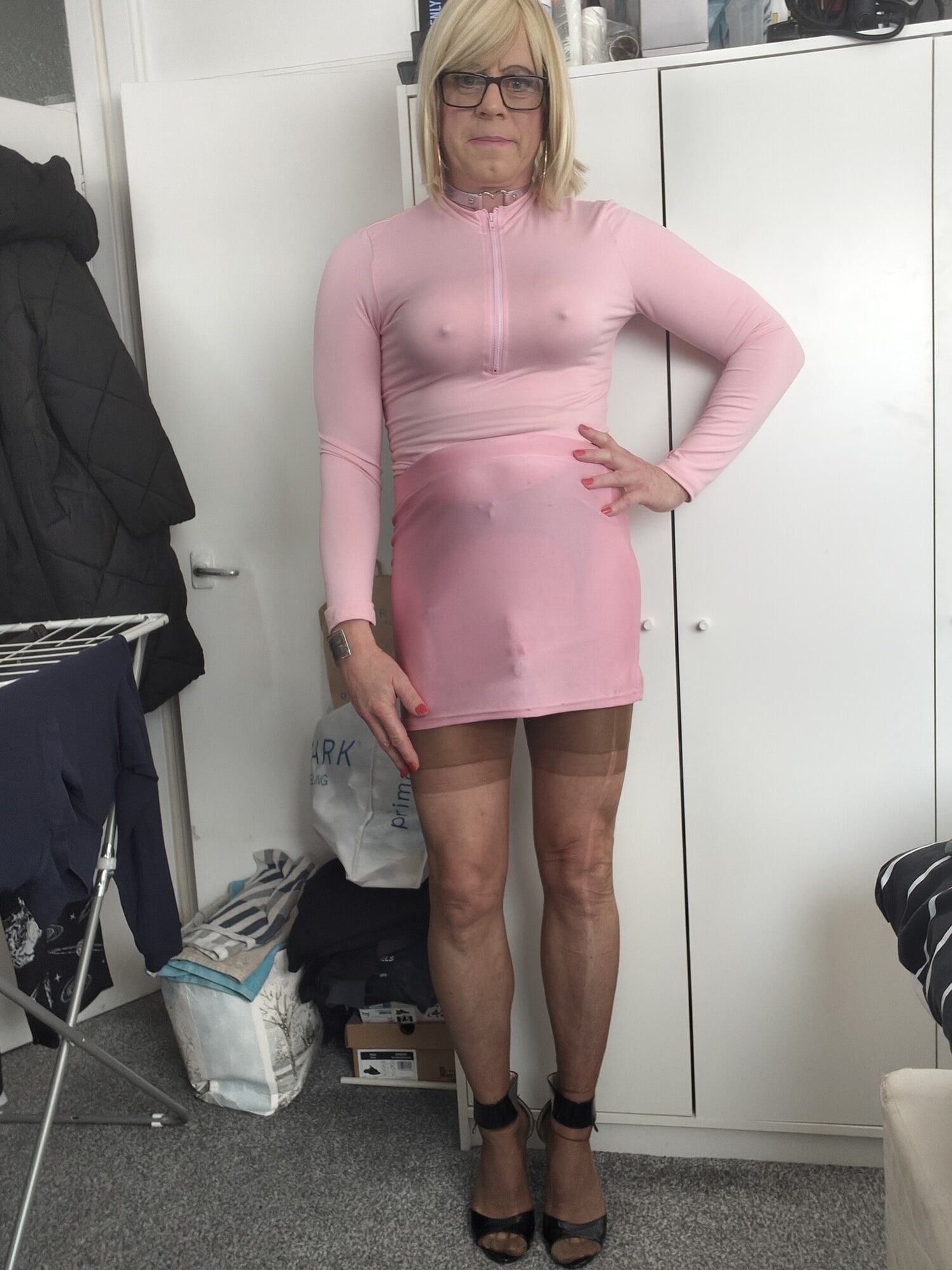 Crossdresser Holly pink mini skirt and stockings #7