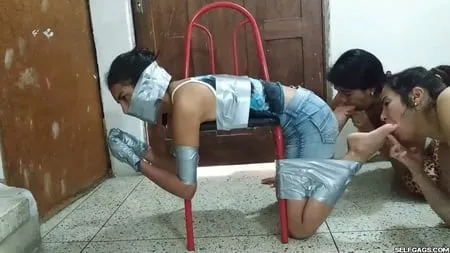 bent over for lesbian feet worship in bondage selfgags         