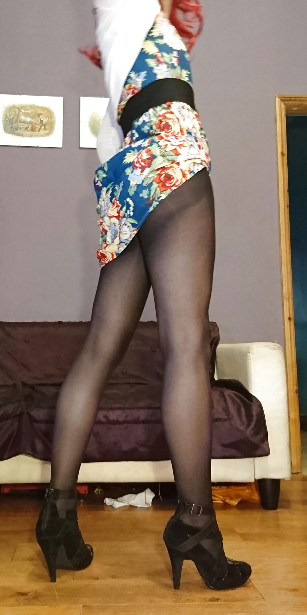 Marie crossdresser in opaque pantyhose and floral dress #11