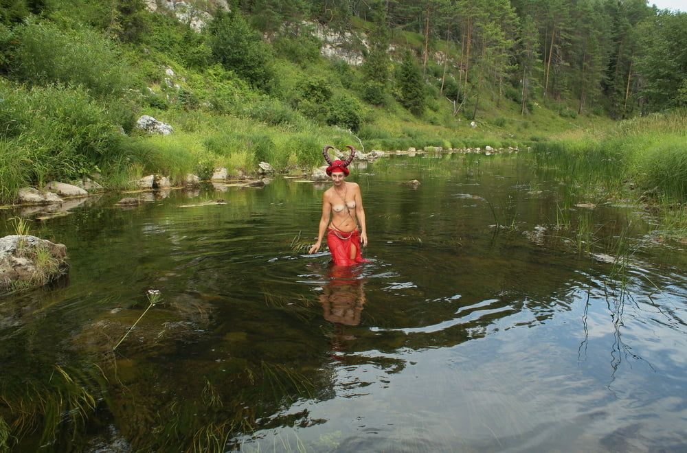 With Horns In Red Dress In Shallow River #7