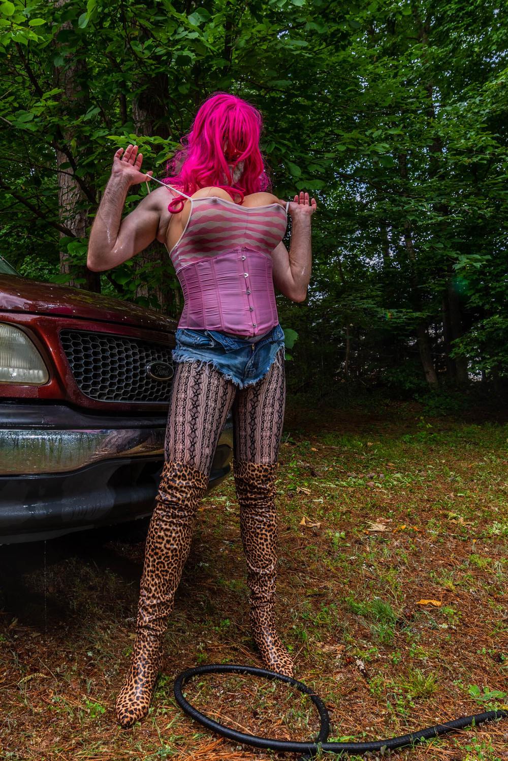 Gigantic fake tits crossdresser washing my truck in Daisy Du #27