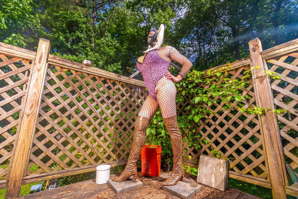 Gigantic fake tits Crossdresser in lingerie thigh high boots #7