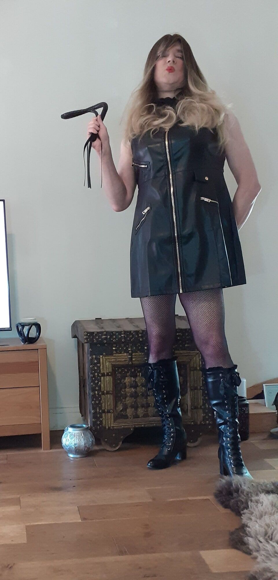 crossdressed in black leather dress #31