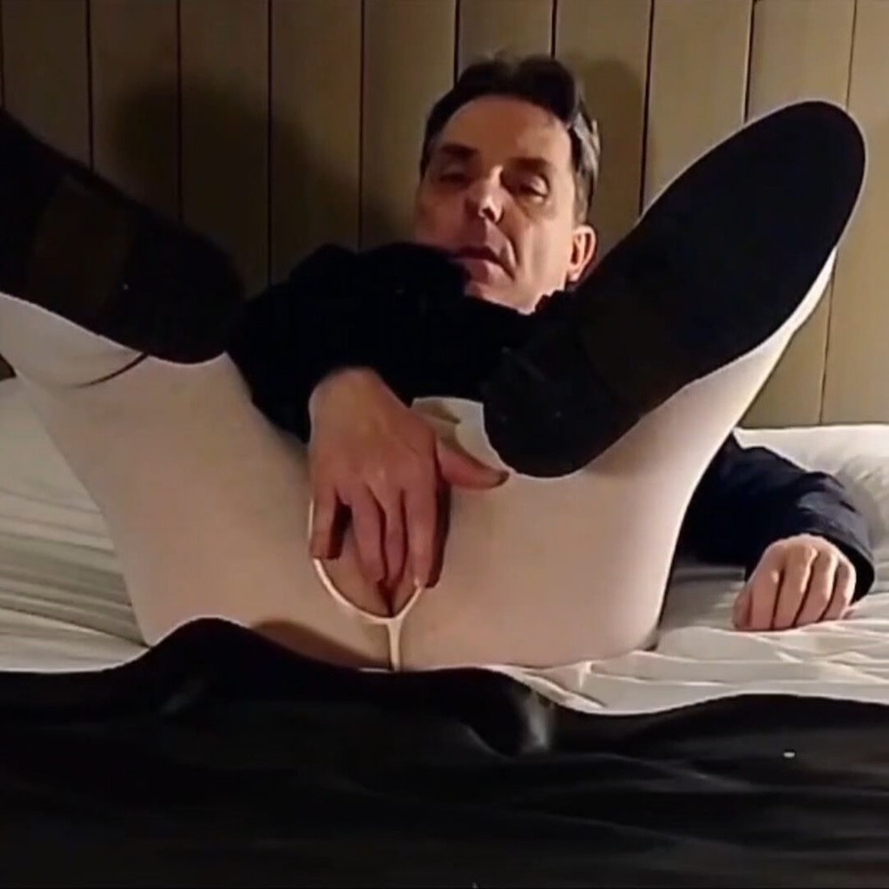 Cock stroking and ass fingering in white open pantyhose #7