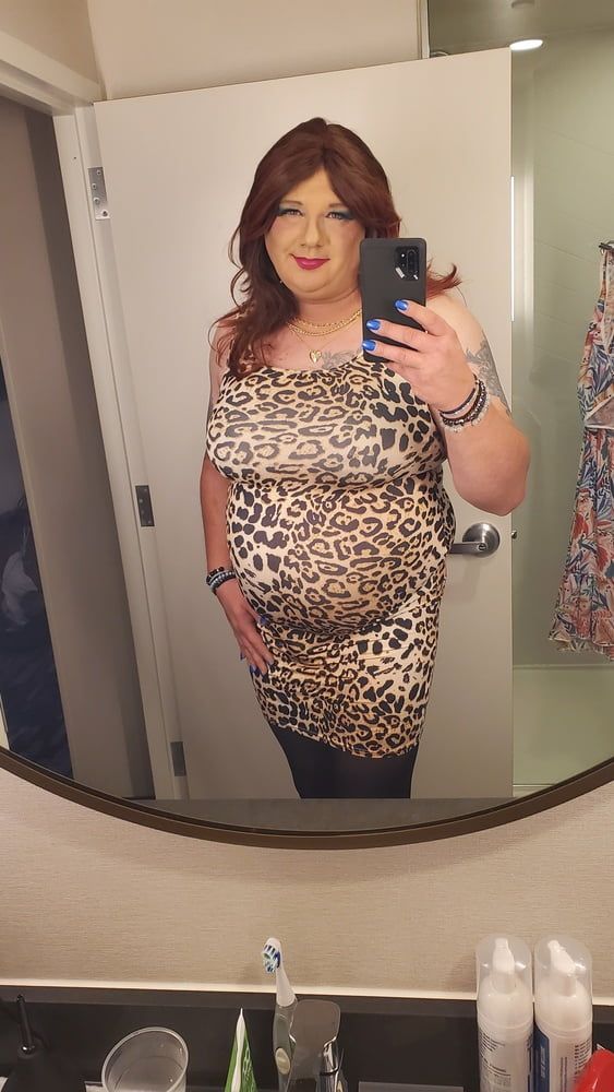 Leopard Bodycon and Black Stockings 
