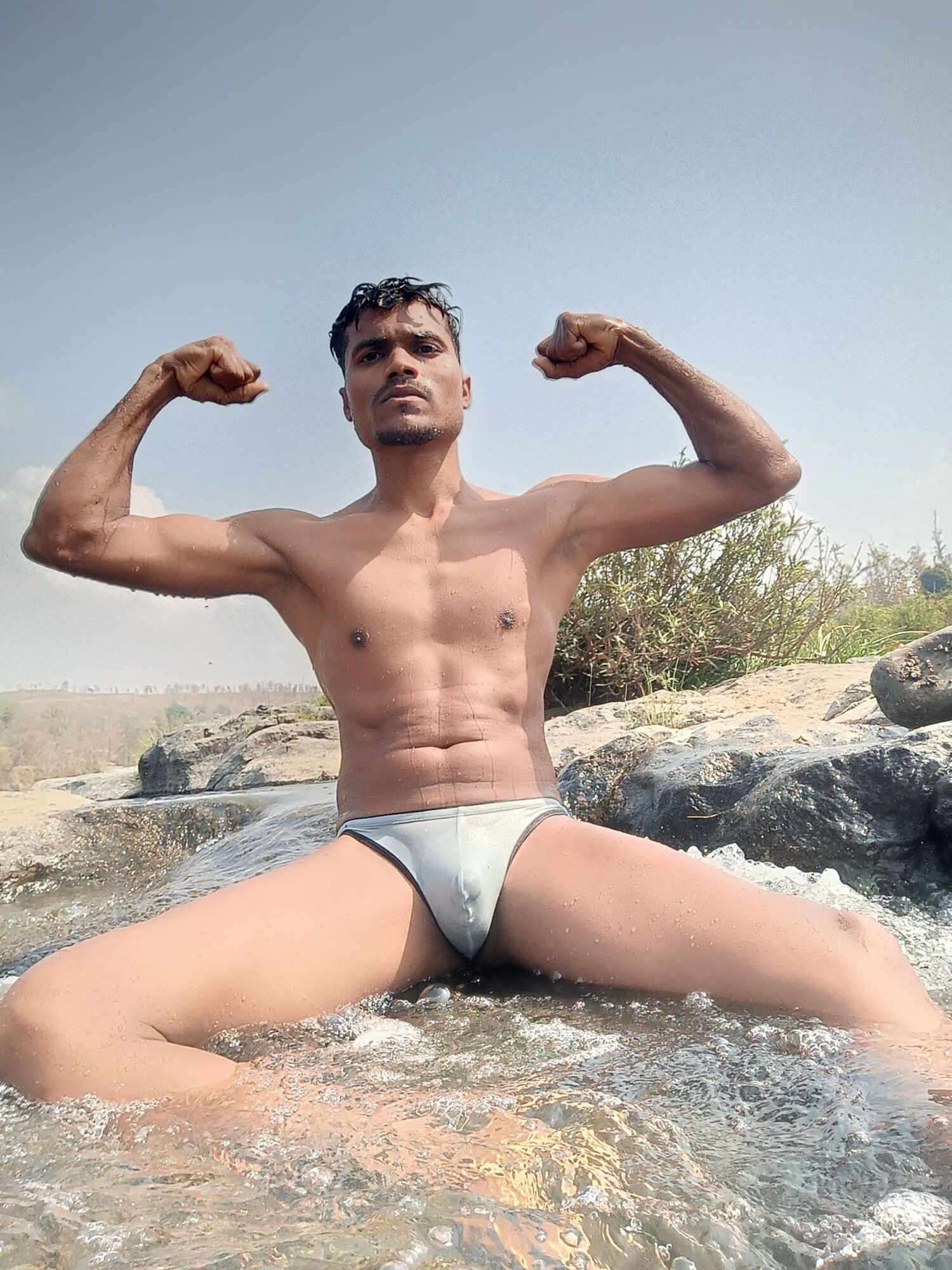 Hot muscular gym boy outdoor in river bathing enjoying swimm #25