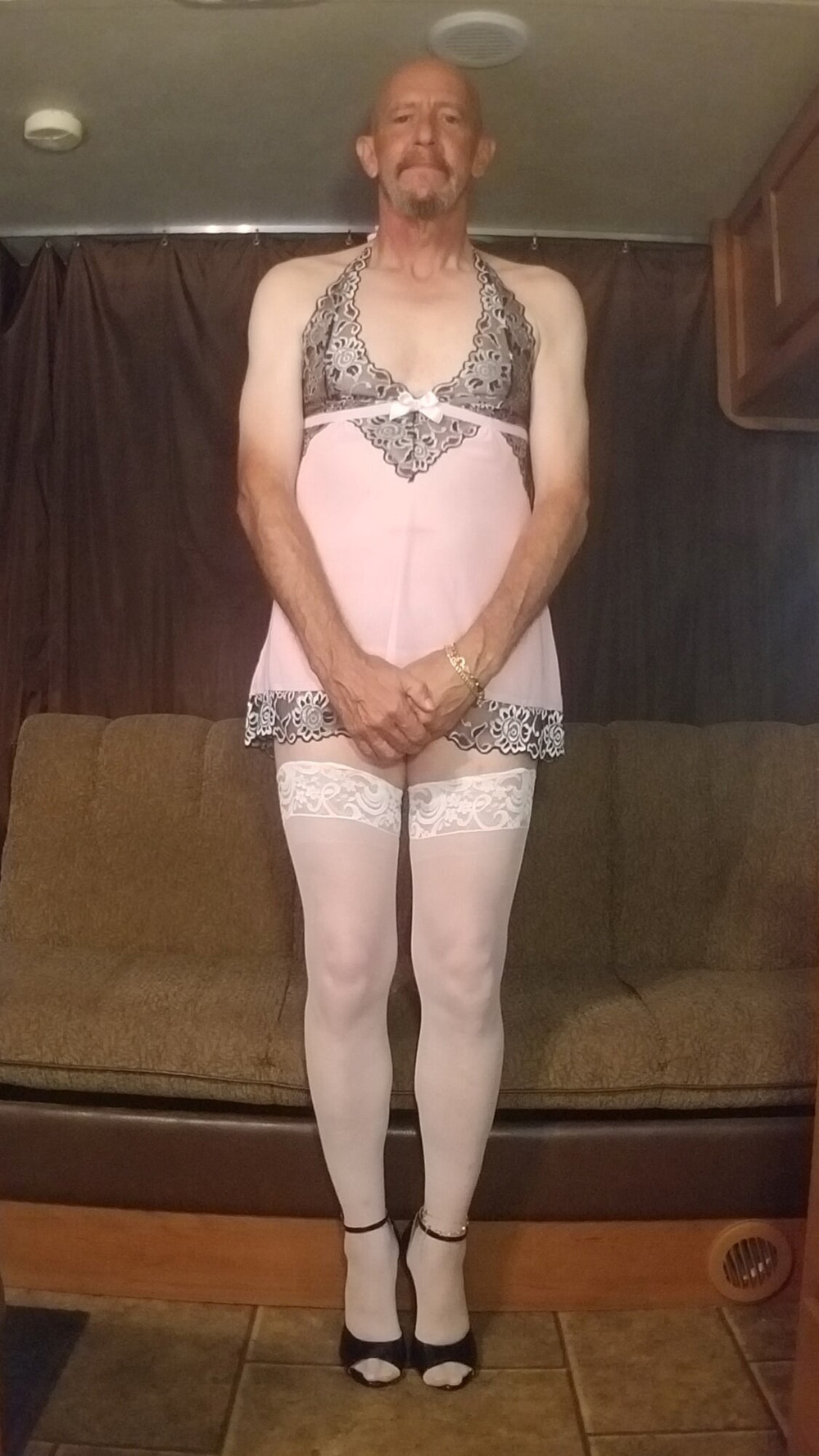Faggot Andrew Brown in Pink Lingerie, Thigh Highs, Heels #6