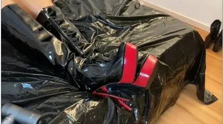 cum on black high heel patent boots         