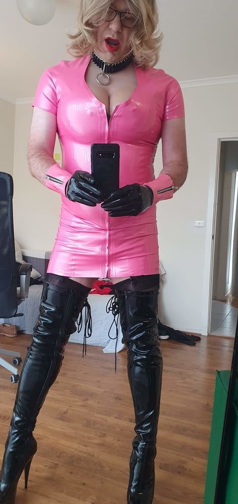 Rachel in pretty pink latex, black thigh boots #5