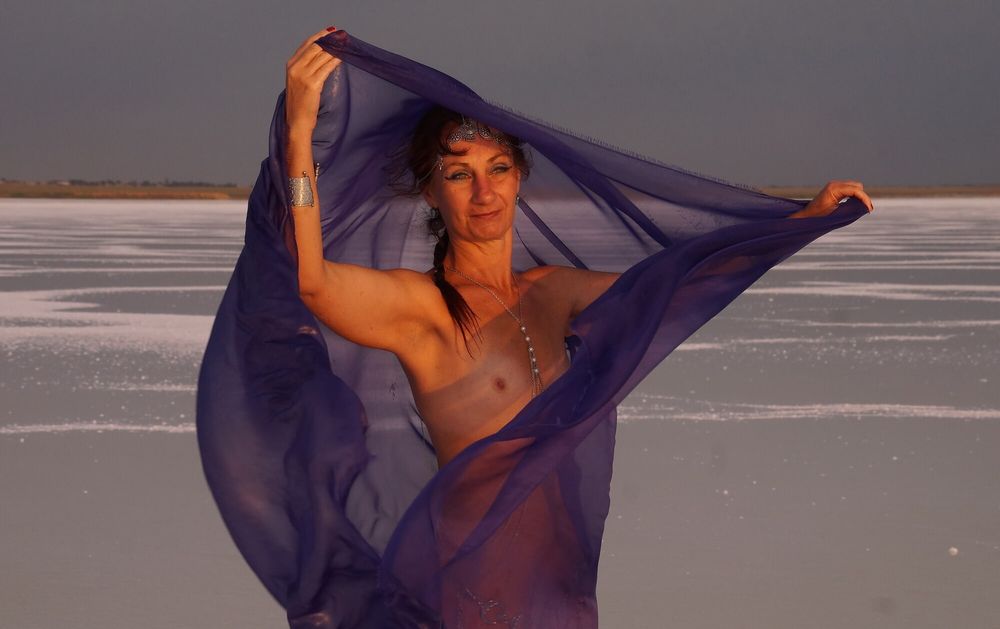 On Sunset-Light with DeepBlue Shawl on Salt- Lake #7