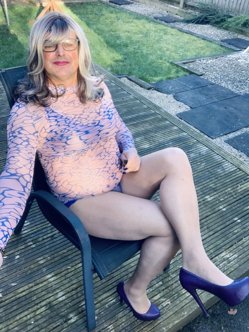 Crossdresser Kellycd in blue and pink see thru dress #5