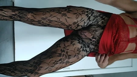 fishnet pantyhose red nightie         