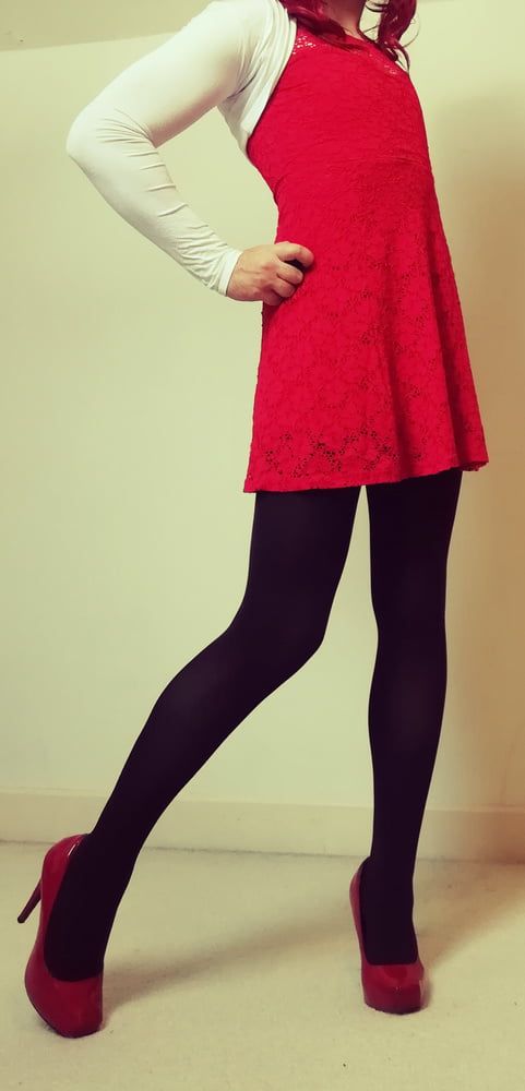 Marie crossdresser in red dress and opaque tights #26