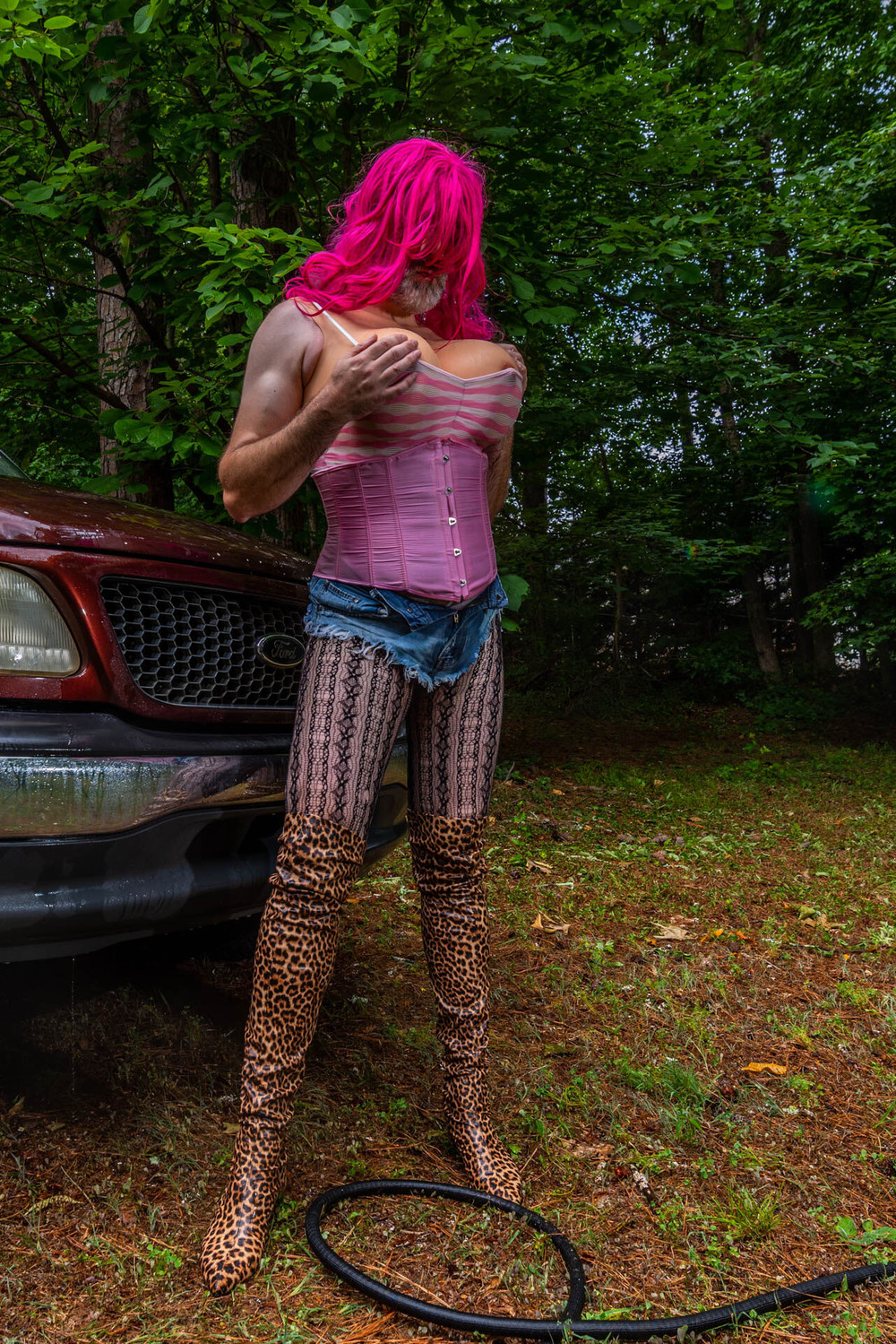 Gigantic fake tits crossdresser washing my truck in Daisy Du #28