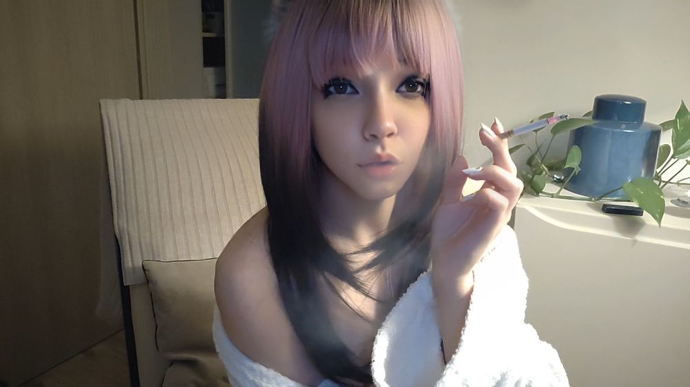 Small titties Egirl in bathrobe smoking #5