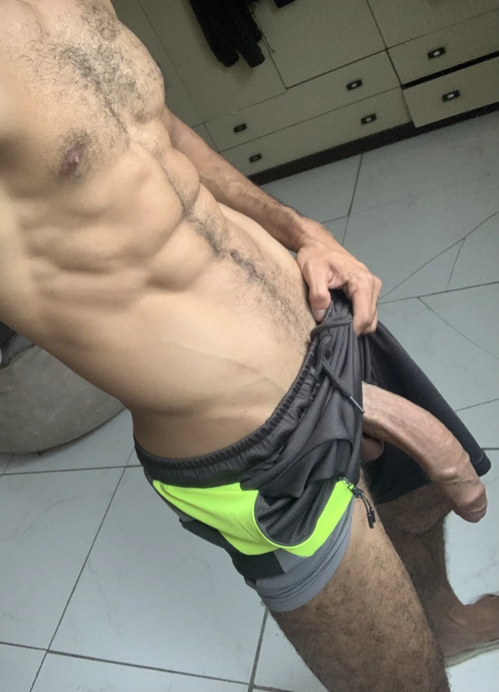 Huge dick in shorts without underwear #8