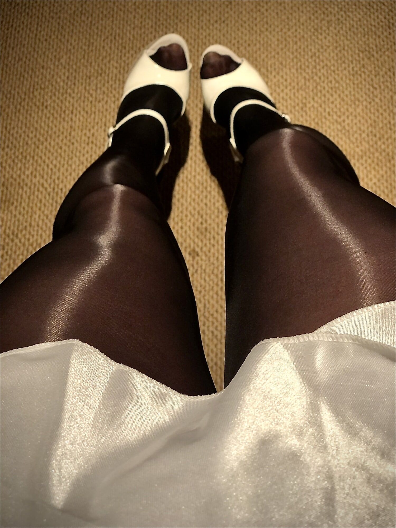 My shiny sheer glossy black pantyhose and white super heels #5