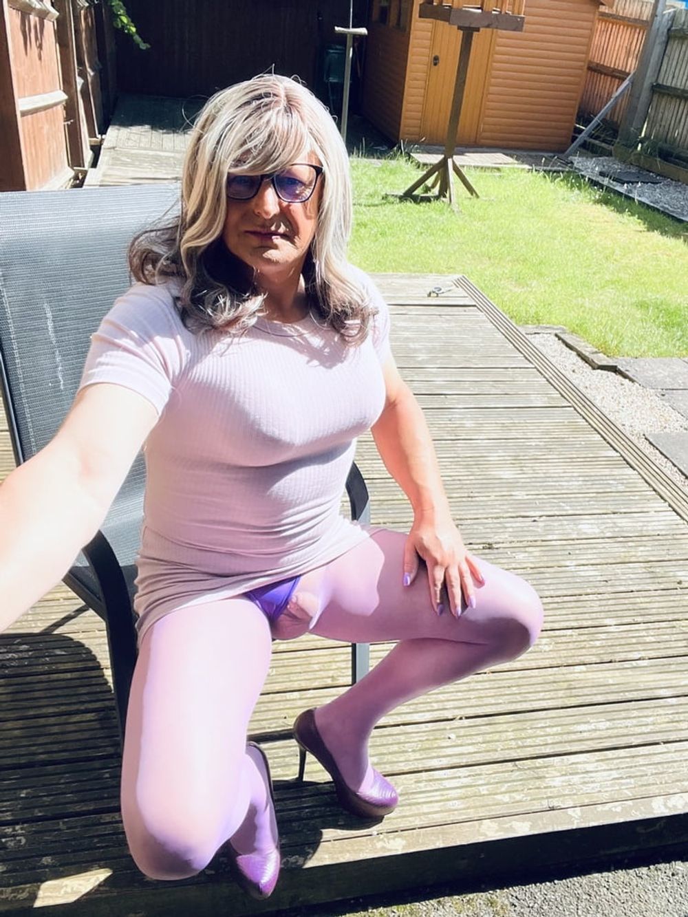 Crossdresser Kellycd in lilac dress and seamless pantyhose  #26